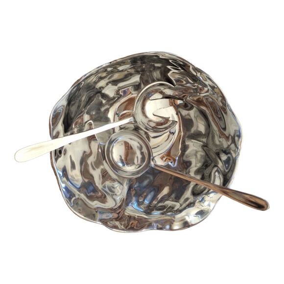 Large Vintage Mexican Pewter Salad Serving Bowl Set NEW in original Box Unused - Picture 6 of 16